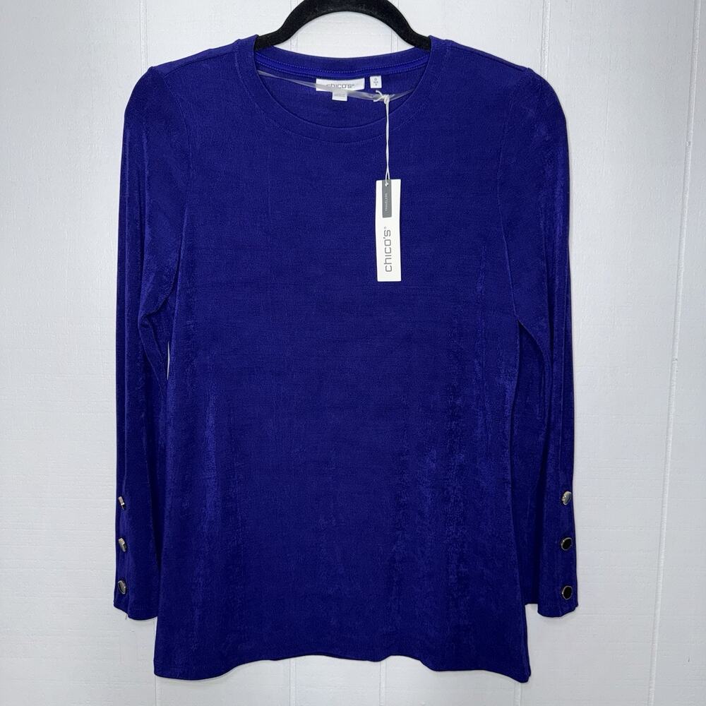 Chico’s Travelers Women’s Slinky Knit Long Sleeve Top Blue Size 0, Small NWT
